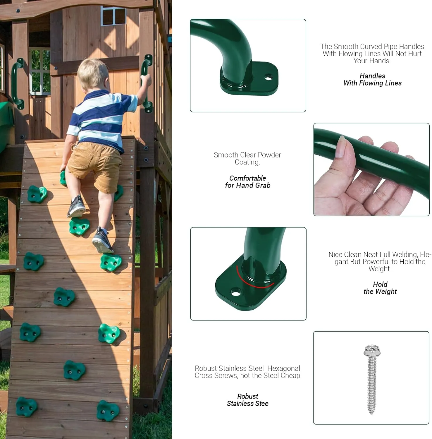 10 Inch 4 Pieces Outdoor Playground Accessories Handles Metal Green - Playset Attachment Grab Handles, Playset Grab Bars, Hand Grips for Playhouse, Swing Set, Jungle Gym, Climbing Frame