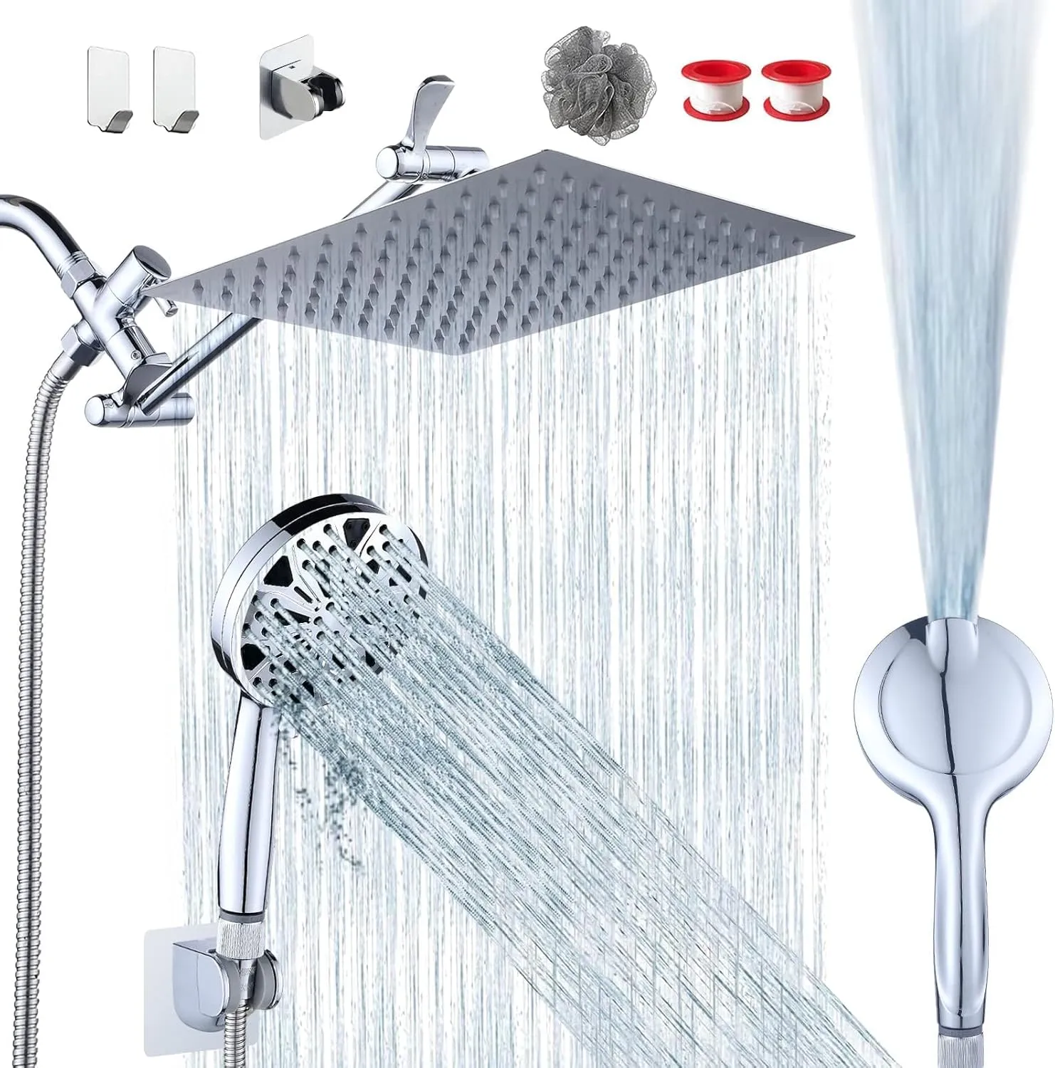 10''Rainfall Shower Head with Handheld Combo High Pressure 8 2 MODE built-in power wash, Stainless Steel Chrome Showerhead with 11'' Extension Arm Height/Angle Adjustable with Holder&60"Hose