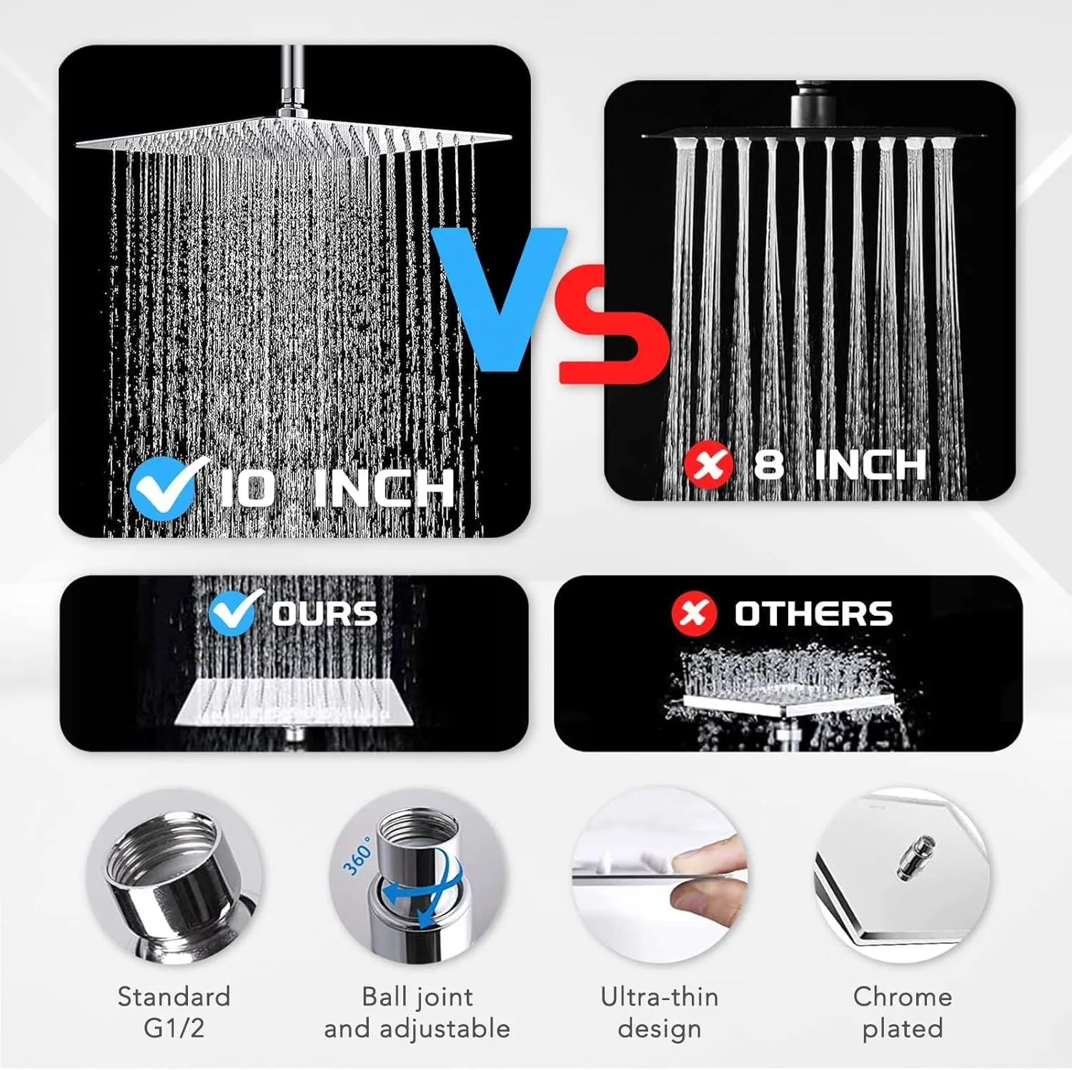10''Rainfall Shower Head with Handheld Combo High Pressure 8 2 MODE built-in power wash, Stainless Steel Chrome Showerhead with 11'' Extension Arm Height/Angle Adjustable with Holder&60"Hose