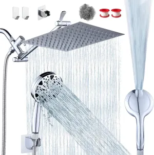10''Rainfall Shower Head with Handheld Combo High Pressure 8 2 MODE built-in power wash, Stainless Steel Chrome Showerhead with 11'' Extension Arm Height/Angle Adjustable with Holder&60"Hose