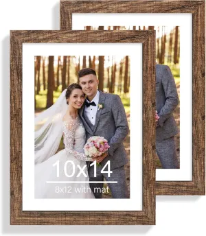 10x14 Picture Frame Set of 2, Made of Glass and Rustic Brown Wooden Frame, Display 8x12 Pictures with Mat or 30 x 40cm Diamond Painting Art without Mat for Wall Mounting, Gallery Photo Frames