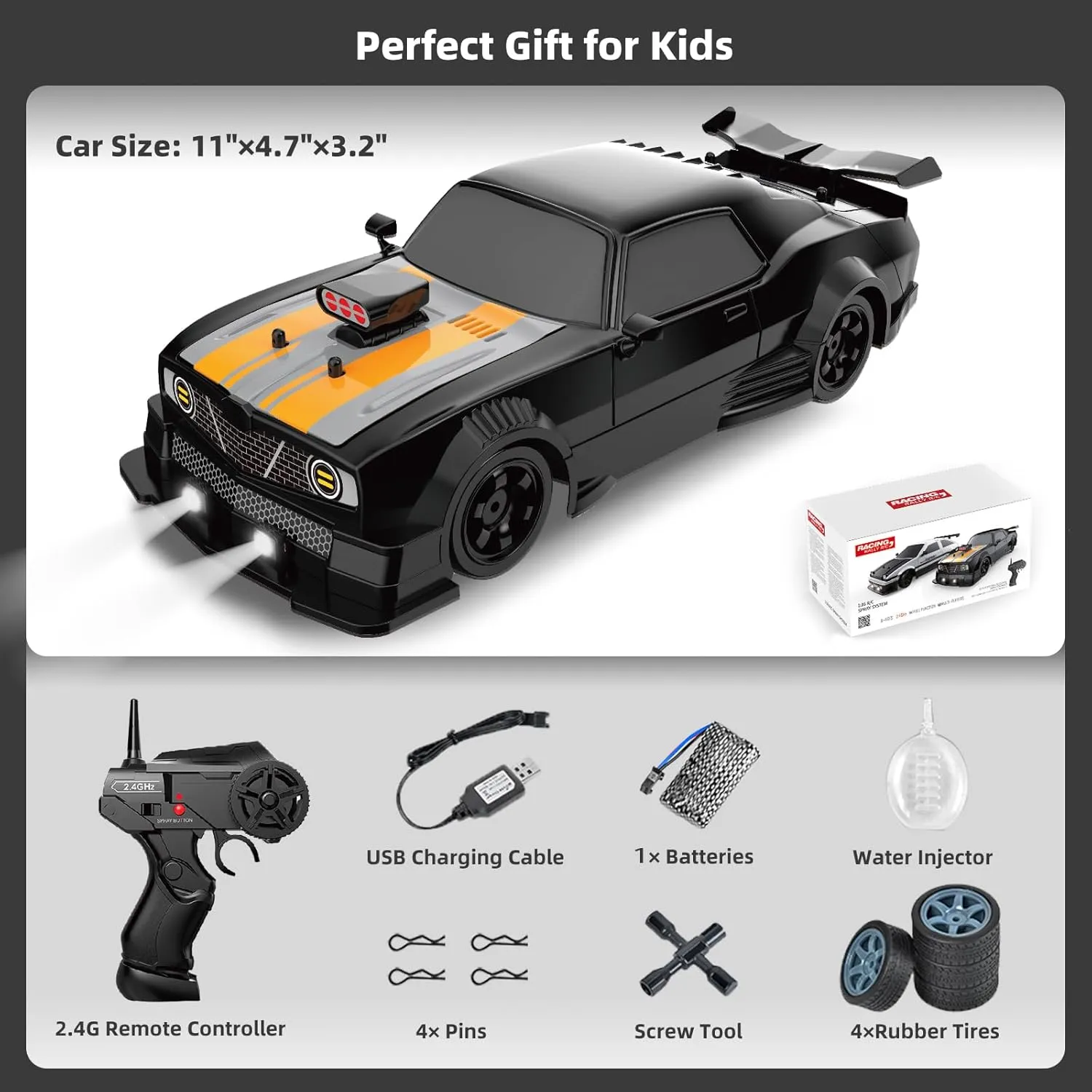 1/16 4WD RC Drift Car, 2.4GHz 4WD Remote Control Car, 18KM/H  High Speed, LED Lights, Sprayer, Rechargeable Battery, Extra Tires, Unisex Children (8 ), Black