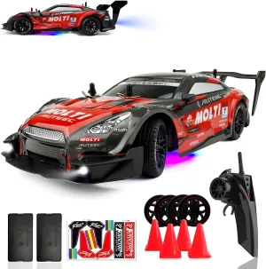 1:16 RC Drift Car 2.4GHz Spray 4WD LED Lights 30 KM/H High Speed Remote Control Car 2 Batteries 60Min Infinitely Variable Speed Drift Car Toys for Adults and Kids(Red)