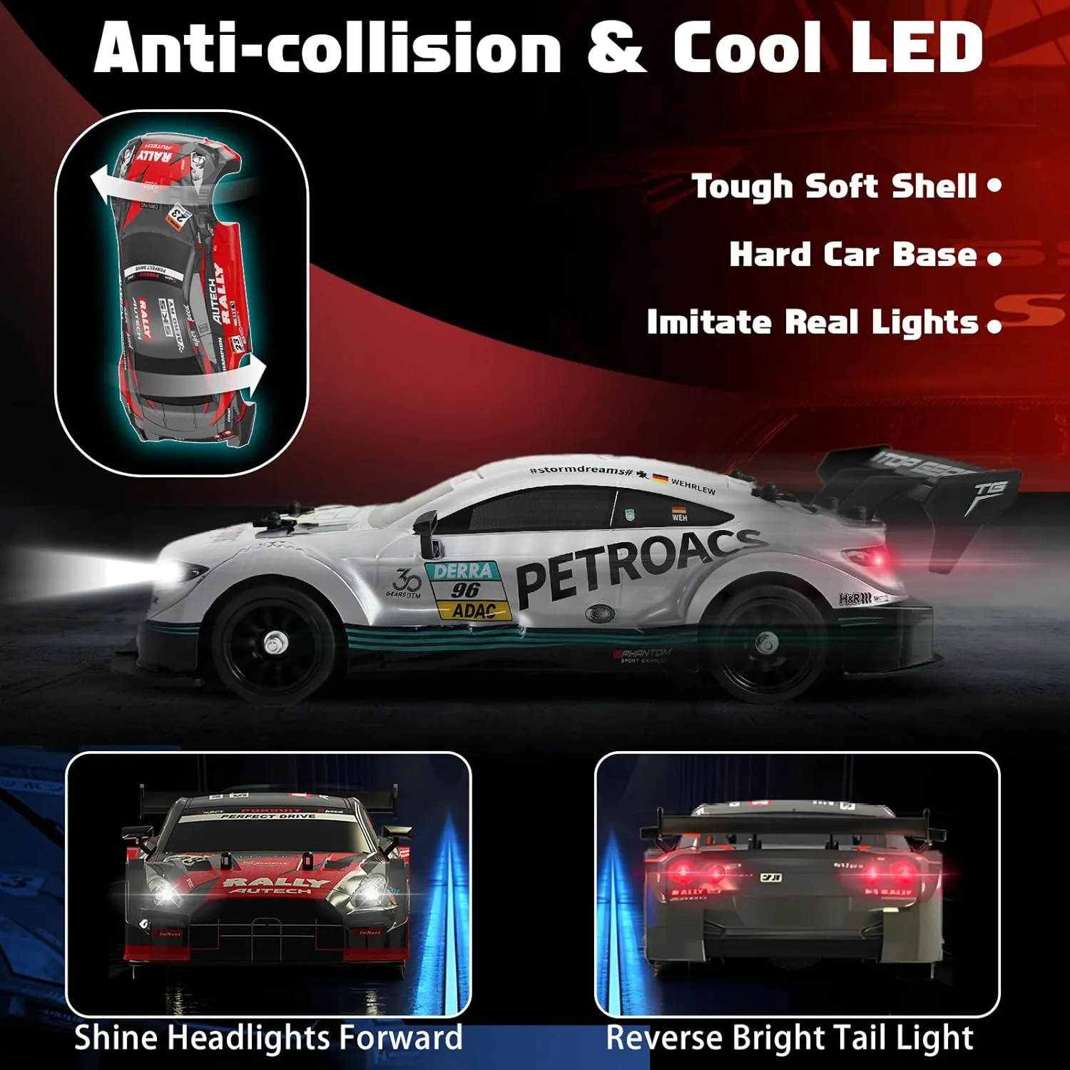 1/16 RC Drift Car, Remote Control Drift Cars for Adults, 4WD 2.4GHz RC Cars High Speed Racing Car Toys Silver with Lights Rechargeable Batteries Toy Car for Kids Boys