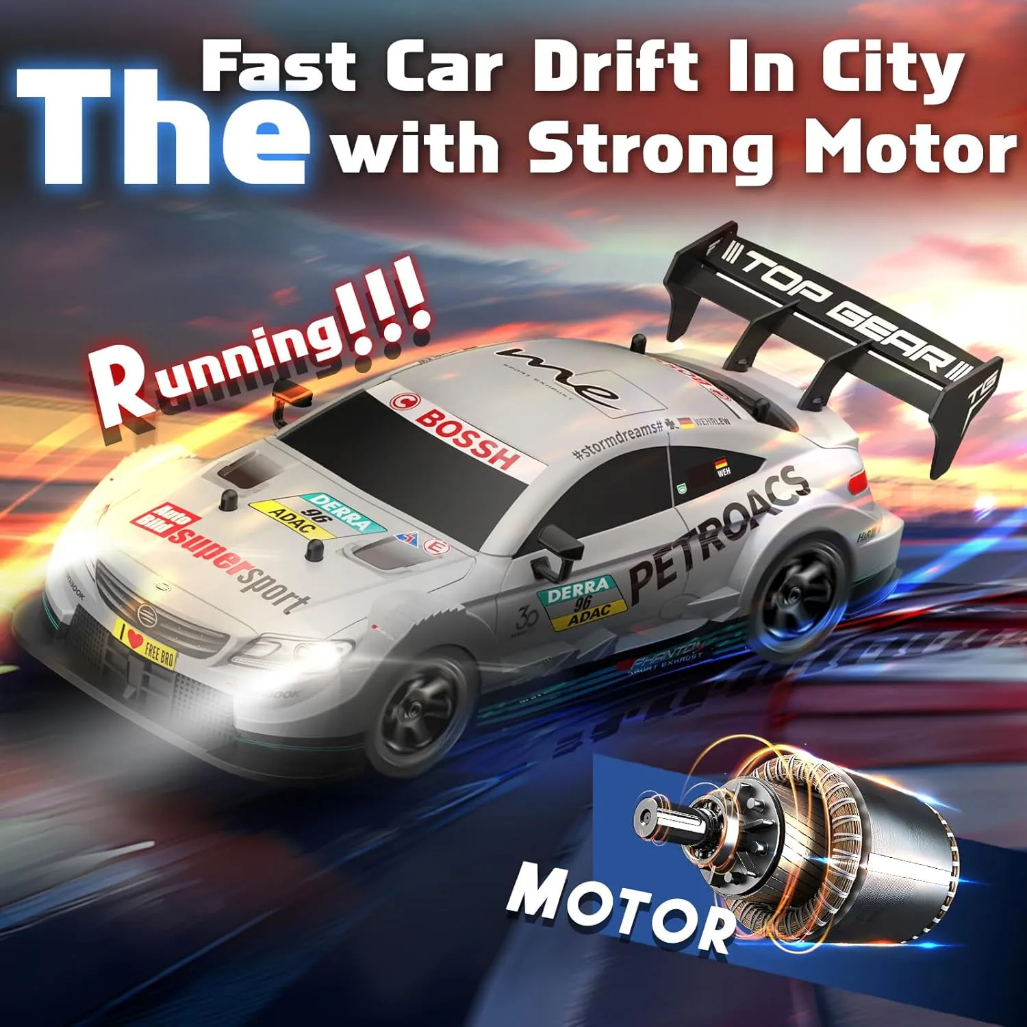 1/16 RC Drift Car, Remote Control Drift Cars for Adults, 4WD 2.4GHz RC Cars High Speed Racing Car Toys Silver with Lights Rechargeable Batteries Toy Car for Kids Boys