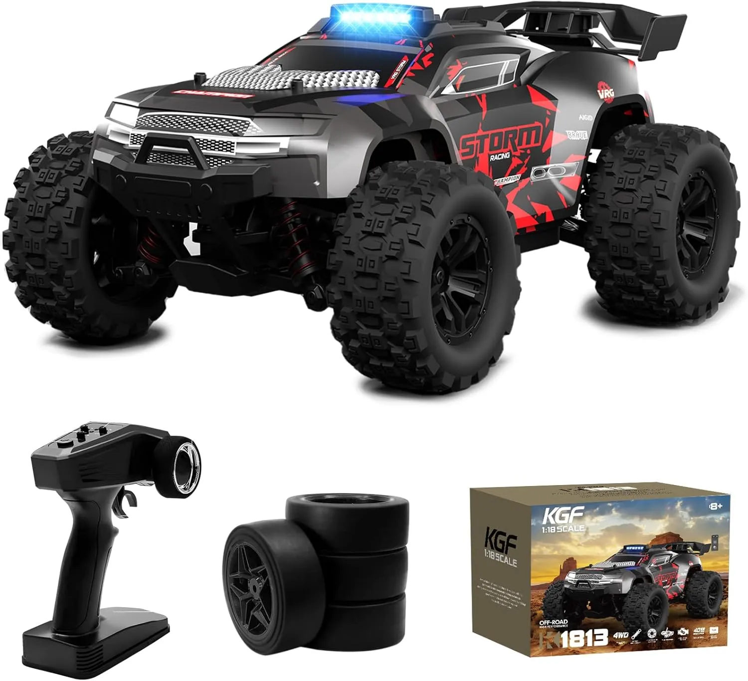 1:18 Scale All Terrain RC Cars, 40km/h High Speed Remote Control Car, 2.4Ghz RC Car Toys Gifts for Kids and Adults, 4WD Electric Vehicle with 2 Rechargeable Batteries, Off Road Monster Truck