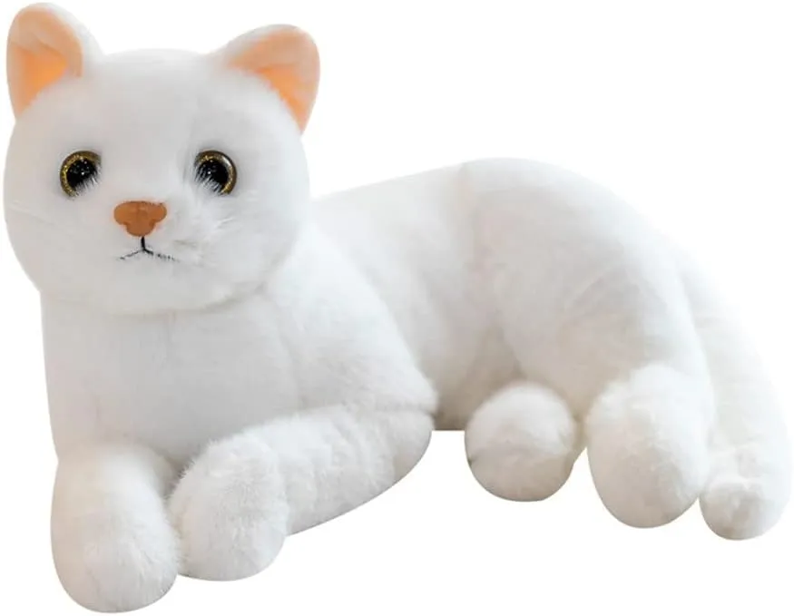 12 Inches Simulation Pure White Cat Plush Toy - Real Life White Cat Simulation Plush Toys, Lifelike Cats Doll Kitten Farm Animals Stuffed Toys Black Eyes Birthday Gifts for Kids