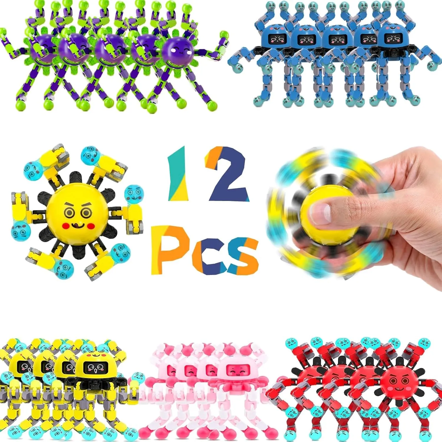 12 Pcs Transformable Fidget Spinner Toys for Kids, Stress Relief Sensory Toys for Autism ADHD, Birthday Party Favors, Easter Basket Essentials, Classroom Prizes, Stocking Stuffers for Boys Girls