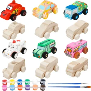 12 Pieces Wood DIY Car Toys Unfinished Wooden Cars Paintable Wood Car Blocks Crafts for Students Home Activities Easy Woodworking and Family Time Set for 3 4 5 Years Old Boys Girls