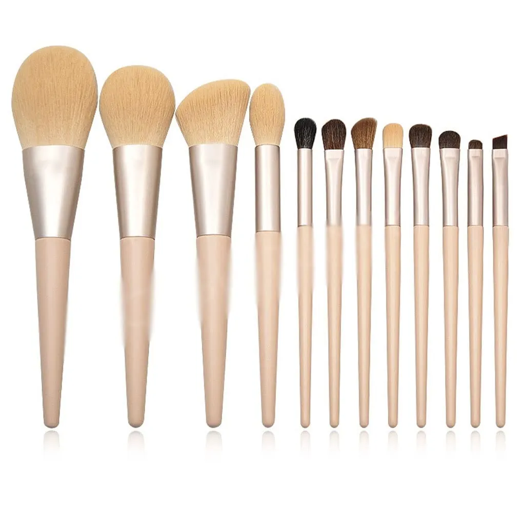 12 Wooden Handle Makeup Brush Set Powder Brush Shadow Eyebrow Brush Makeup Tool, Yellow