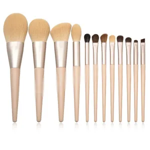 12 Wooden Handle Makeup Brush Set Powder Brush Shadow Eyebrow Brush Makeup Tool, Yellow