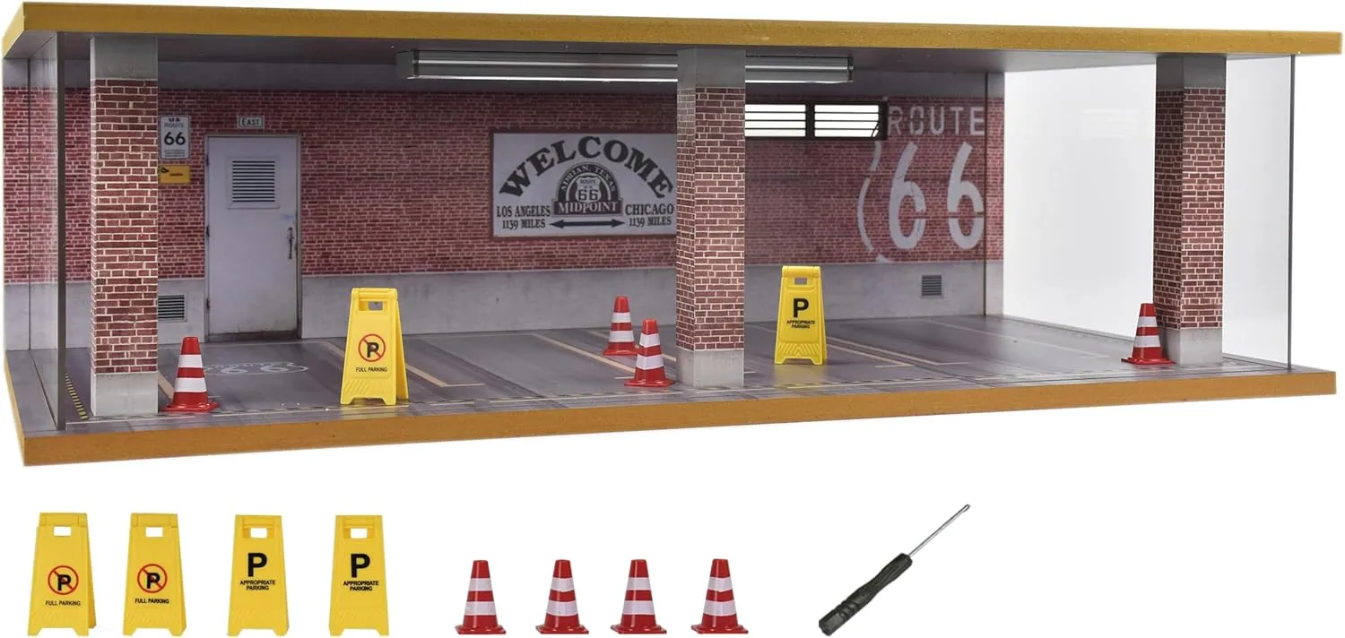 1/24 Scale Model Car Display Case with Light, 1 24 Diecast Cars Storage Cases in Parking Lot Scene, Acrylic Toy Garage for Alloy Car Models (Grey-8 Parking Place) (Red Brick, 1/24)