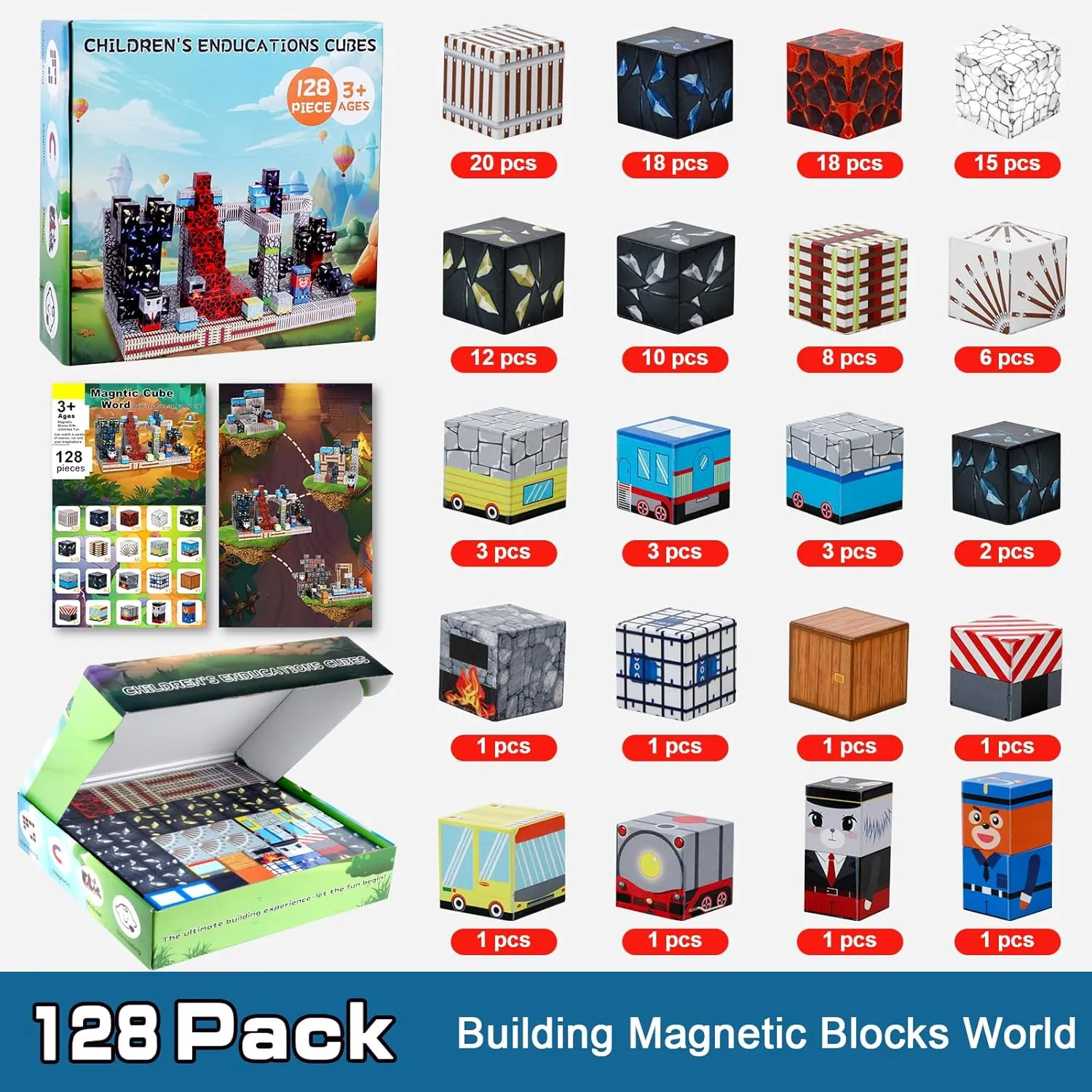 128Pcs Magnetic Blocks - Creative Magnetic Building Blocks for Toddler, Educational Magnetic Cubes Toys, Sensory Kid Building Toys for Boys Girls 3-8 Years Old, Kids Christmas Birthday Gifts
