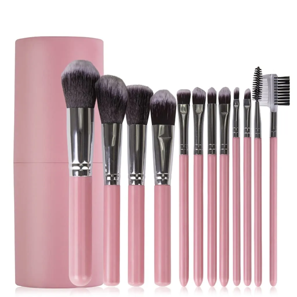 12pcs Makeup Brushes Set Face Powder Contour Blush Eyebrow Brush & Comb Eyelash Brush with Cylinder Case