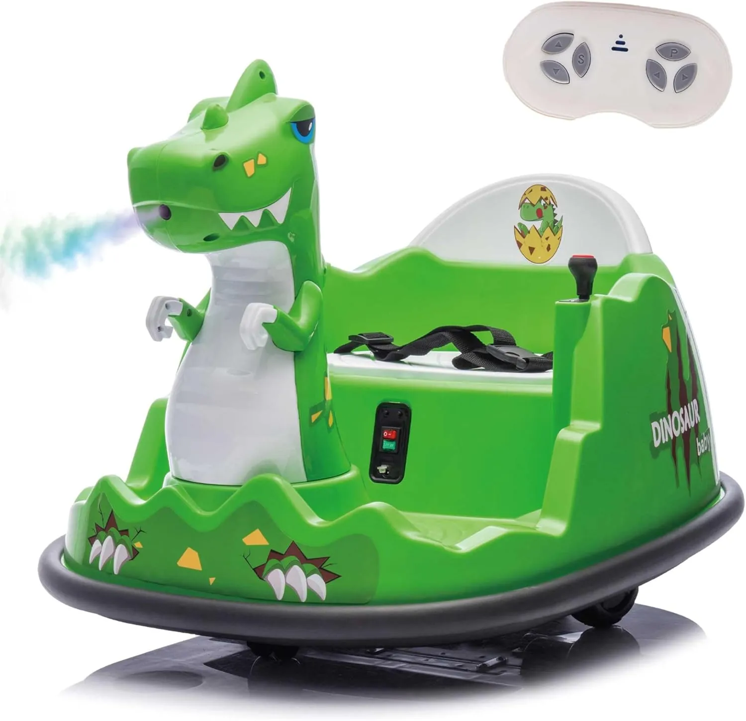 12V Bumper Car for Kids w/Parents Control, Dinosaur Shape, 12V Electric Ride on Toy with Spray Light, Large Size Seat, Music, Birthday Gift Ages 2-5 Years Old Boys & Girl, Green