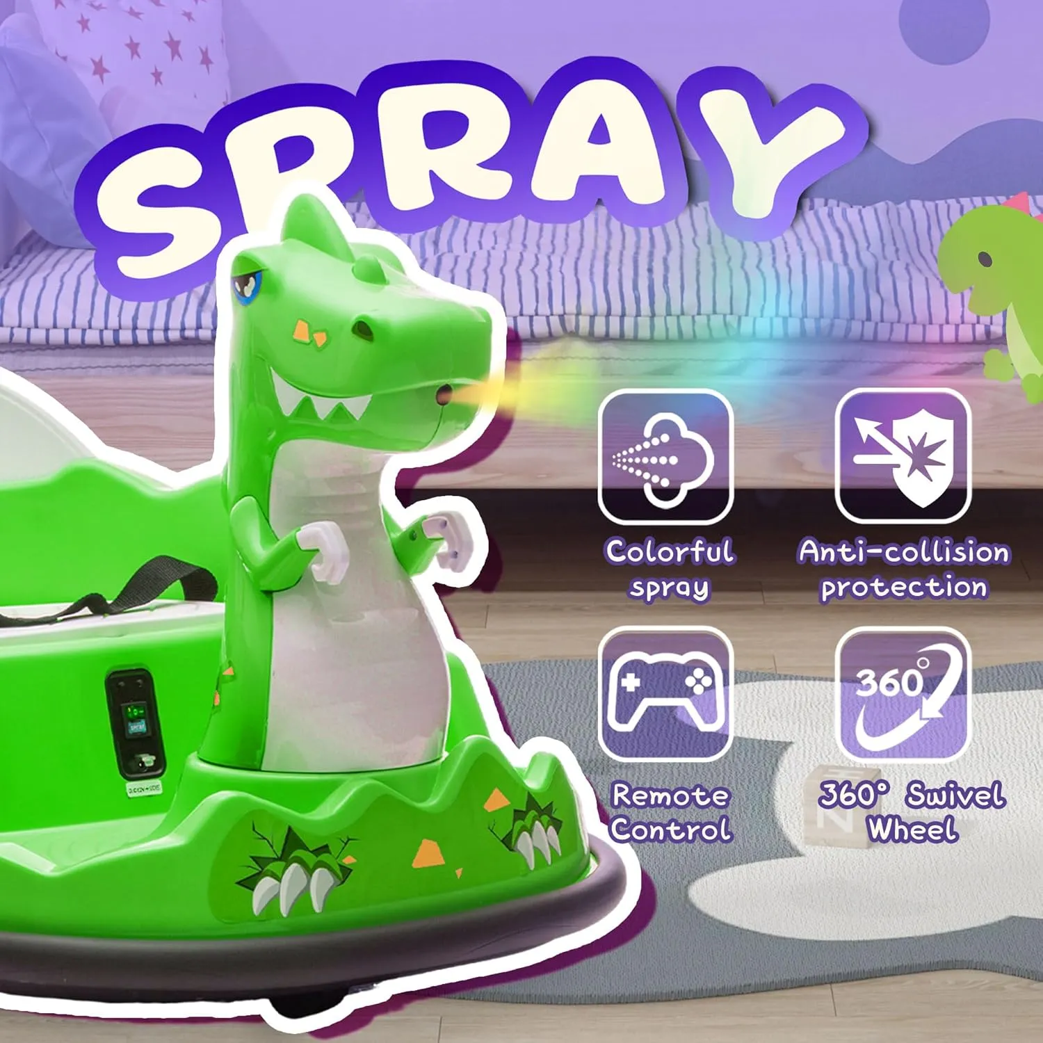 12V Bumper Car for Kids w/Parents Control, Dinosaur Shape, 12V Electric Ride on Toy with Spray Light, Large Size Seat, Music, Birthday Gift Ages 2-5 Years Old Boys & Girl, Green