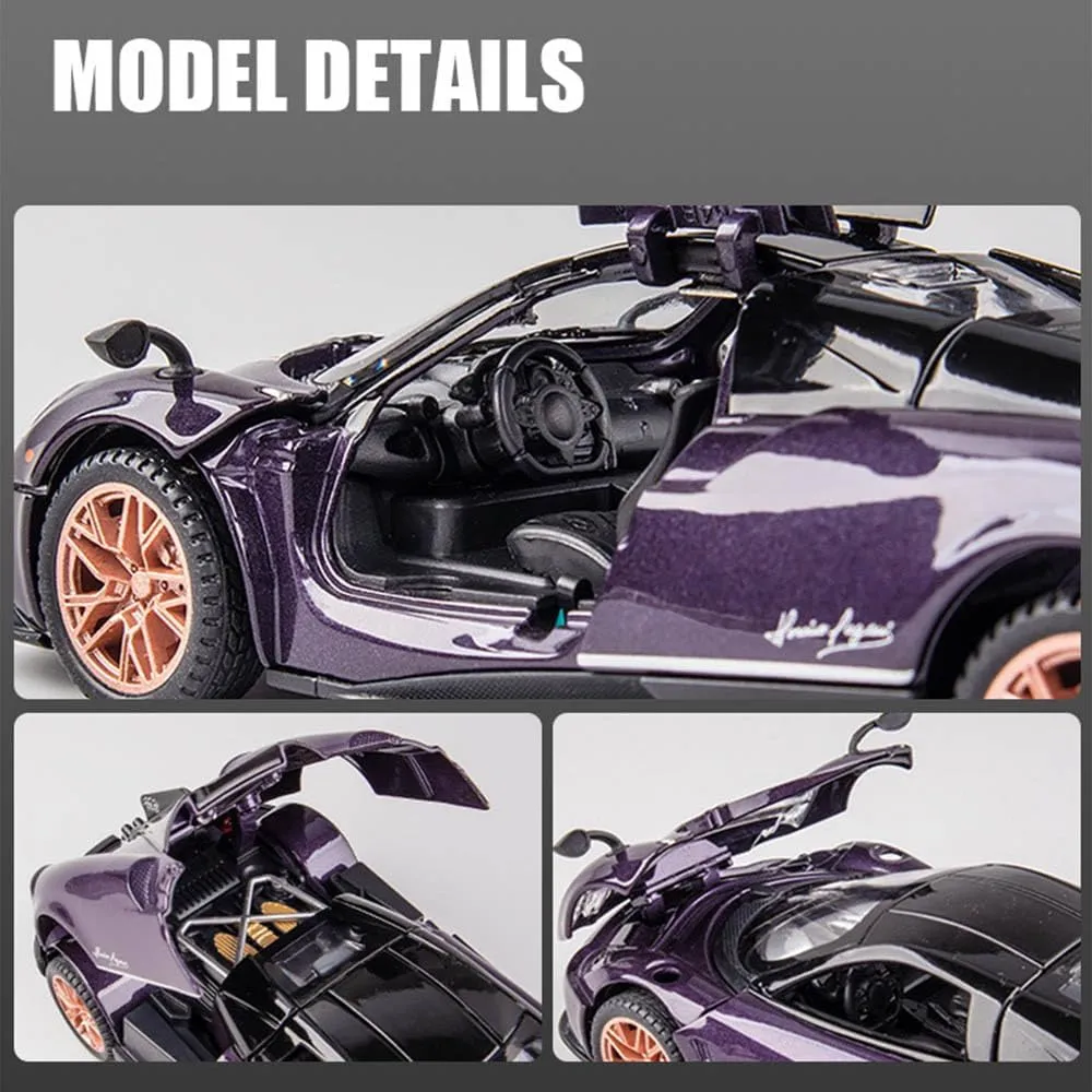 1/32 Alloy Collectible Huayra Dinastia Toy Car Vehicle Pull Back Model Cars with Light and Sound, Alloy Metal Diecast Car Model Toy for Toddlers Kids Boys Birthday Gift (1/32 Purple)