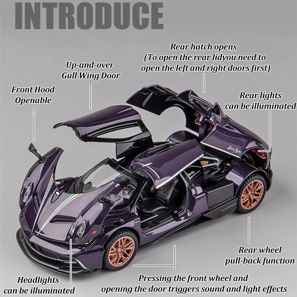 1/32 Alloy Collectible Huayra Dinastia Toy Car Vehicle Pull Back Model Cars with Light and Sound, Alloy Metal Diecast Car Model Toy for Toddlers Kids Boys Birthday Gift (1/32 Purple)