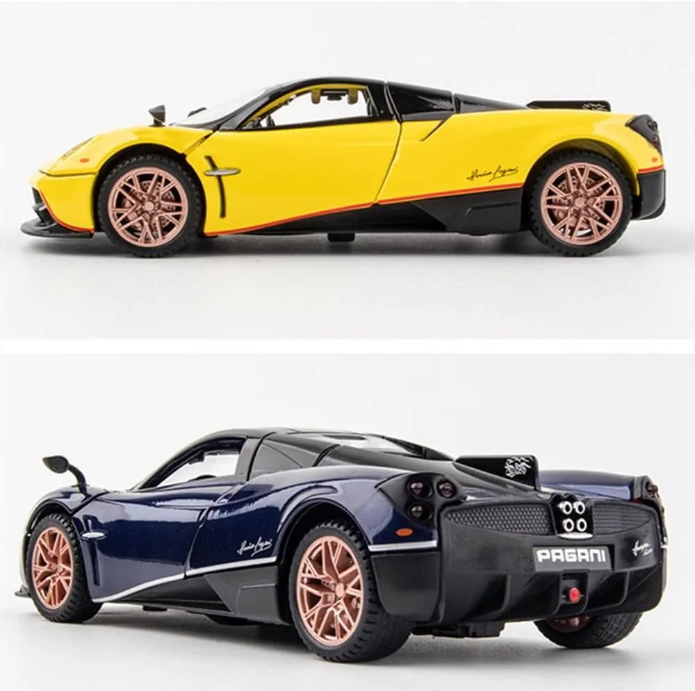 1/32 Alloy Collectible Huayra Dinastia Toy Car Vehicle Pull Back Model Cars with Light and Sound, Alloy Metal Diecast Car Model Toy for Toddlers Kids Boys Birthday Gift (1/32 Yellow)