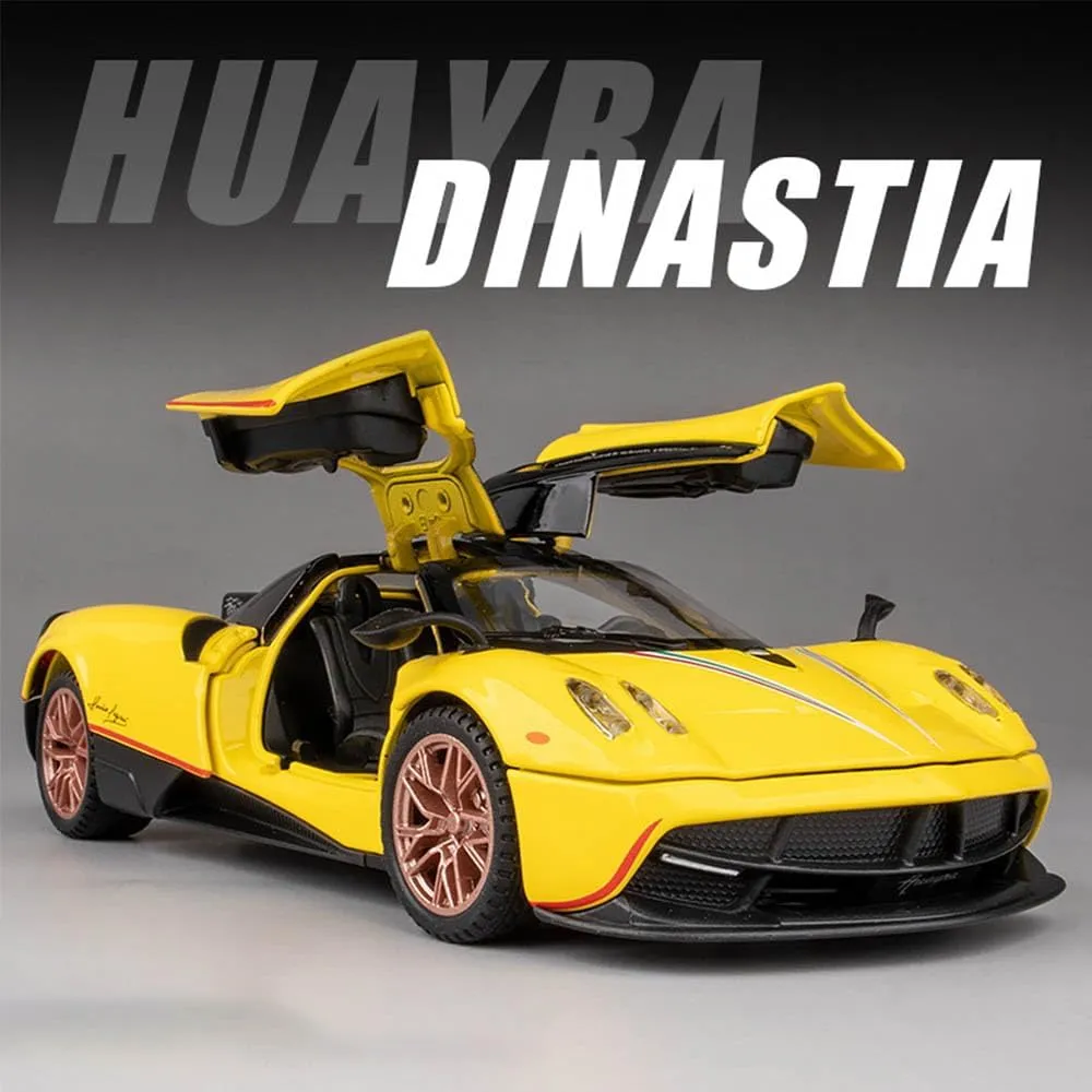 1/32 Alloy Collectible Huayra Dinastia Toy Car Vehicle Pull Back Model Cars with Light and Sound, Alloy Metal Diecast Car Model Toy for Toddlers Kids Boys Birthday Gift (1/32 Yellow)