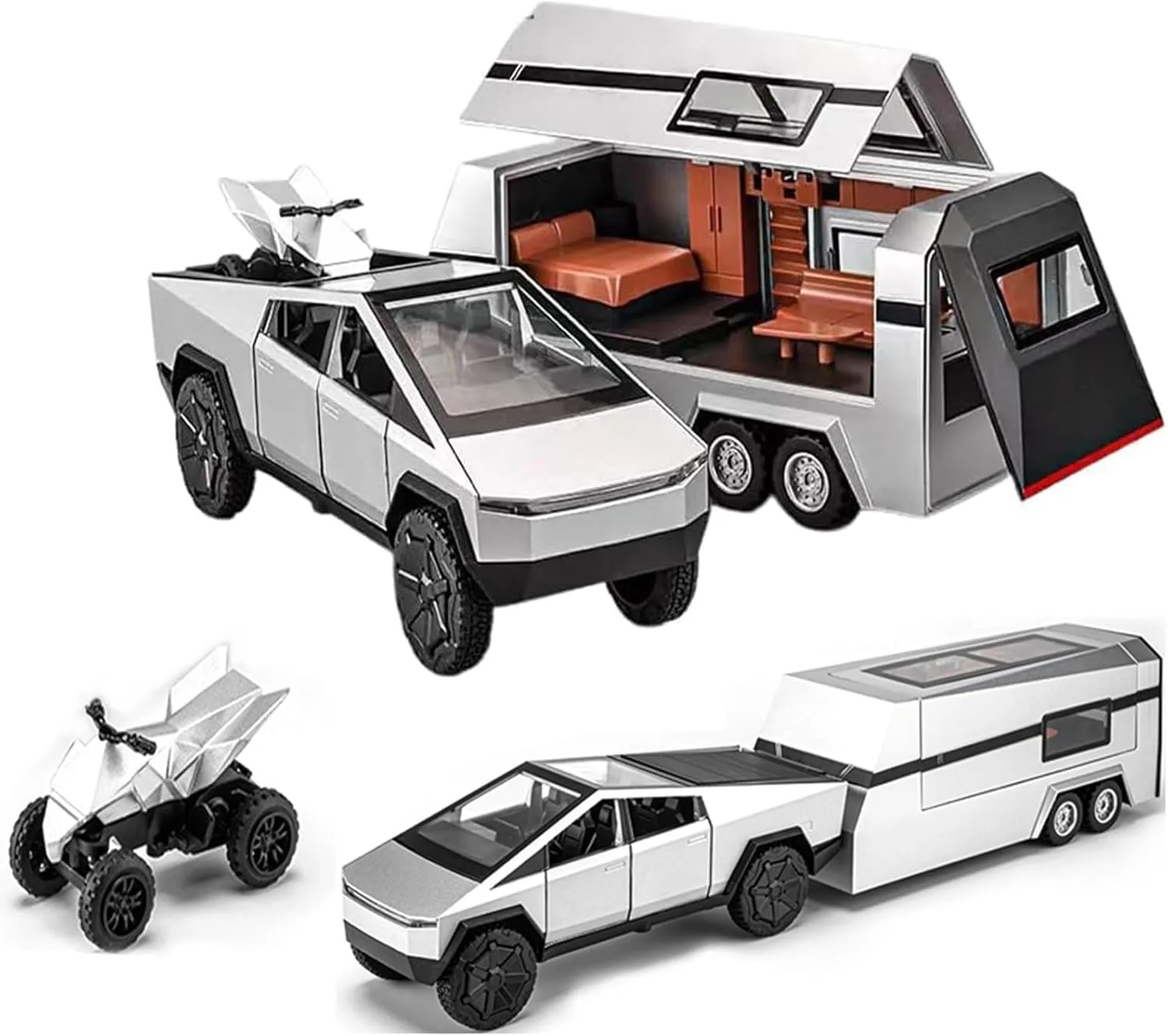 1/32 Pickup Trailer RV Model Car, Alloy Pick-Up Truck Toy with Motorcycle, Truck Model Toy with Sound/Light/Pull Back, Birthday Gift for Kids Friends Collectors (Silver Pickup with RV Silver)