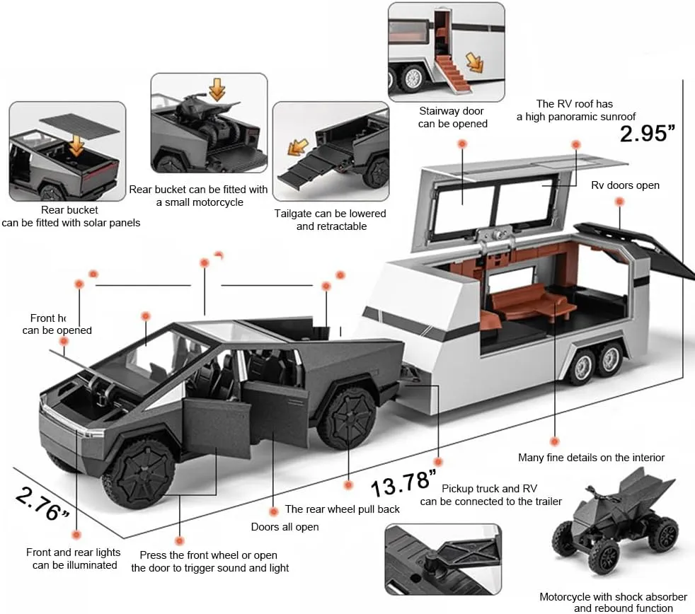 1/32 Pickup Trailer RV Model Car, Alloy Pick-Up Truck Toy with Motorcycle, Truck Model Toy with Sound/Light/Pull Back, Birthday Gift for Kids Friends Collectors (Silver Pickup with RV Silver)