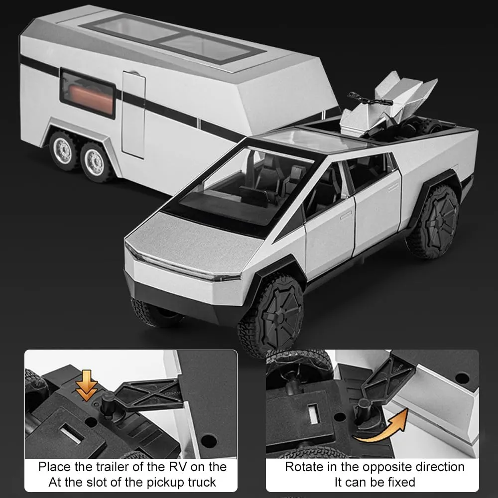 1/32 Pickup Trailer RV Model Car, Alloy Pick-Up Truck Toy with Motorcycle, Truck Model Toy with Sound/Light/Pull Back, Birthday Gift for Kids Friends Collectors (Silver Pickup with RV Silver)