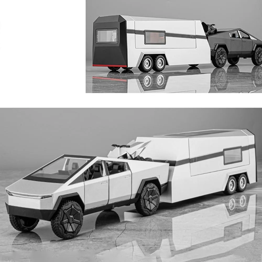 1/32 Pickup Trailer RV Model Car, Alloy Pick-Up Truck Toy with Motorcycle, Truck Model Toy with Sound/Light/Pull Back, Birthday Gift for Kids Friends Collectors (Silver Pickup with RV Silver)