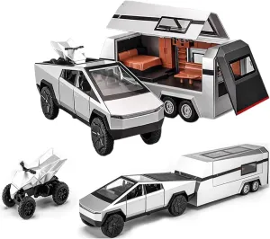 1/32 Pickup Trailer RV Model Car, Alloy Pick-Up Truck Toy with Motorcycle, Truck Model Toy with Sound/Light/Pull Back, Birthday Gift for Kids Friends Collectors (Silver Pickup with RV Silver)