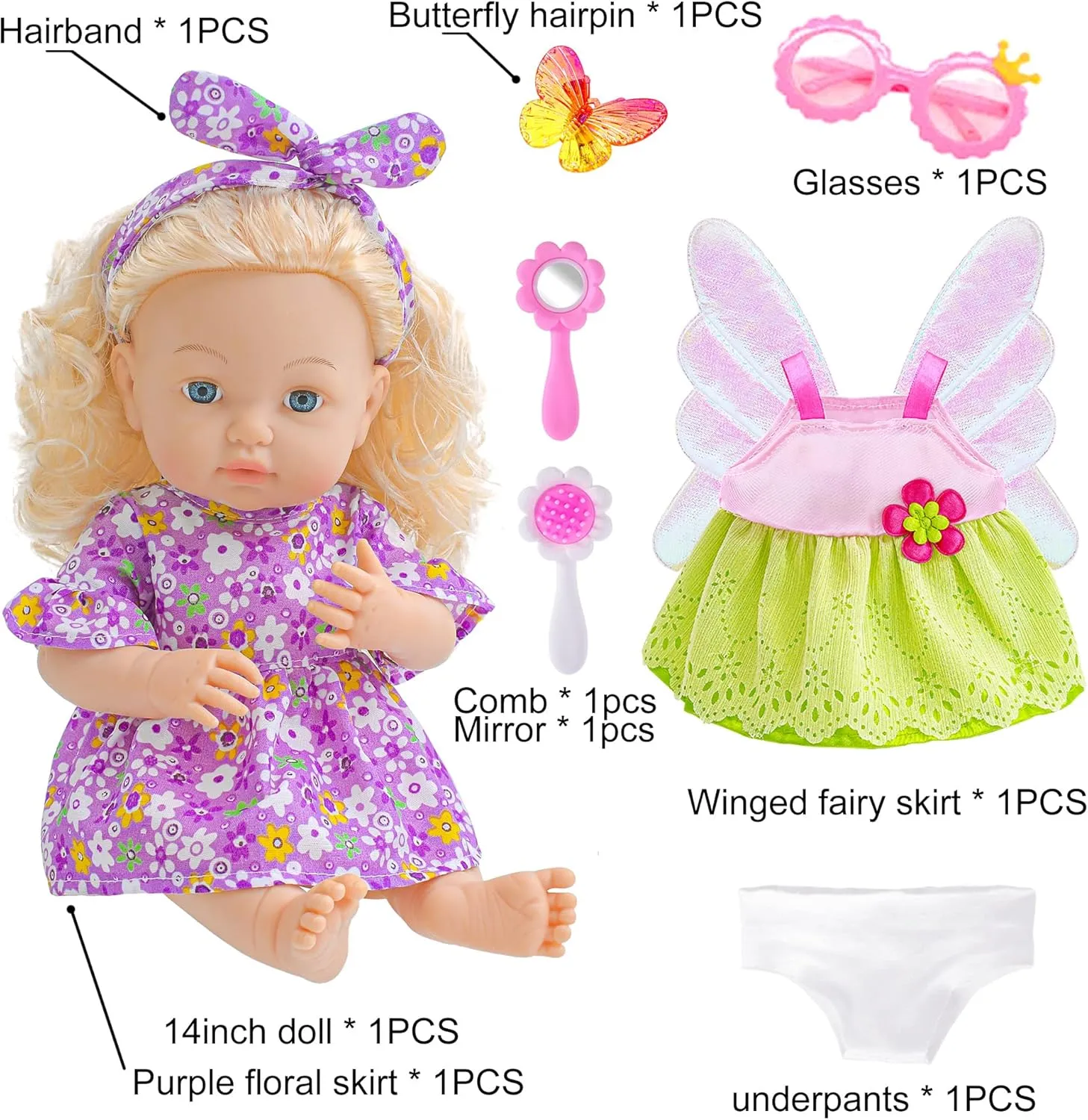 14 Inch Baby Doll with Hair Baby Girl Dolls Reborn Baby Doll Real Life Baby Dolls for Toddlers Doll Clothes and Accessories(1 Doll 2 Sets Clothes 5 Pcs Accessories)