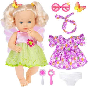 14 Inch Baby Doll with Hair Baby Girl Dolls Reborn Baby Doll Real Life Baby Dolls for Toddlers Doll Clothes and Accessories(1 Doll 2 Sets Clothes 5 Pcs Accessories)