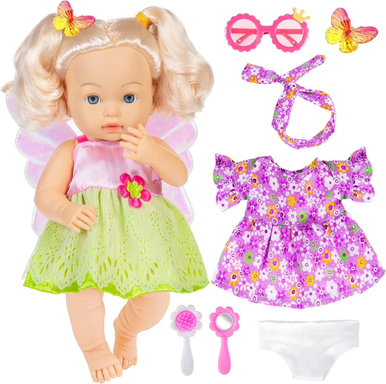 14 Inch Baby Doll with Hair Baby Girl Dolls Reborn Baby Doll Real Life Baby Dolls for Toddlers Doll Clothes and Accessories(1 Doll 2 Sets Clothes 5 Pcs Accessories)