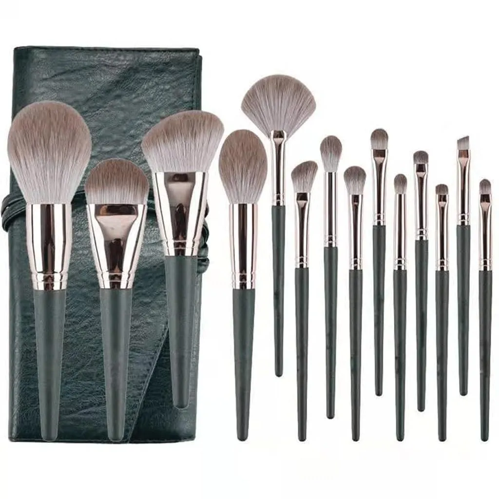 14 Pieces Of Green Brush Set Powder Blusher Cosmetic Brush Foundation Make-up Brush Makeup Brush Tool