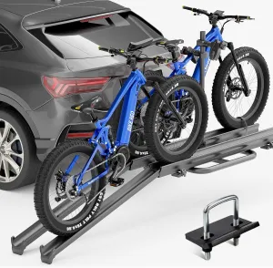 2 EBike Rack with Ramp, up to 5" Fat Tire Carrier, 200 LBS Capacity Electric Bicycles Racks, Foldable & Lockable Bike Racks Platform for Standard, Fits 2" Hitch for SUVs Cars Trucks Vans