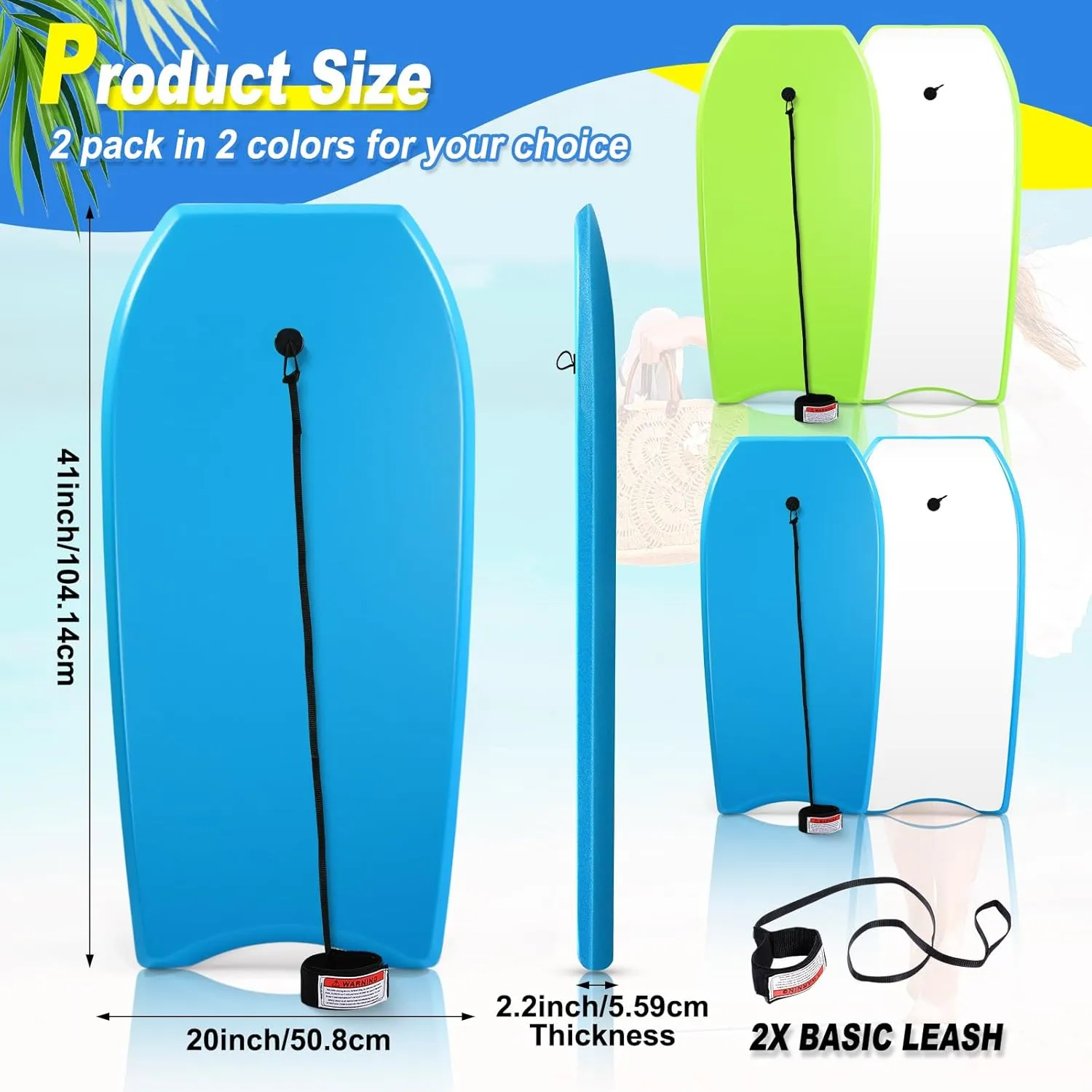 2 Pack 41" Bodyboard for Beach Lightweight Surfboards with EPS Core Pool Skim Boards with Rope Surfing Body Board for Adults Surfing Beach Lake Pool Water Parks