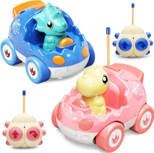 2 Pack Pink Dinosaur Remote Control Car Toys, Christmas Birthday Gifts for Girls 2 3 4 5 Years Old, Dino RC Car with Music and Light, Toddlers Toys for Kids 2-5 Year Old,(Pink Blue)