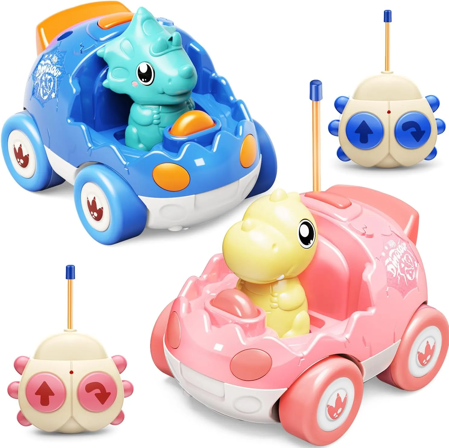 2 Pack Pink Dinosaur Remote Control Car Toys, Christmas Birthday Gifts for Girls 2 3 4 5 Years Old, Dino RC Car with Music and Light, Toddlers Toys for Kids 2-5 Year Old,(Pink Blue)