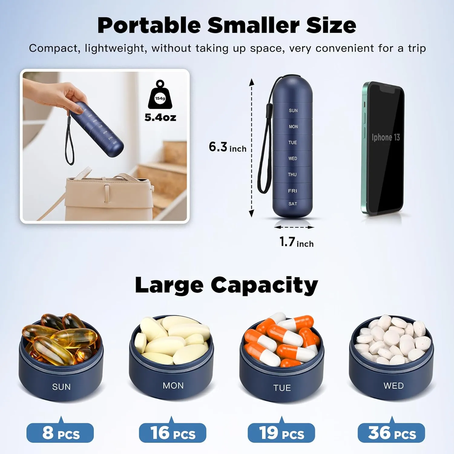 [2 Pack] Zannaki Metal Travel Pill Organizer, Portable Waterproof Weekly Pill Box, Large Aluminum Alloy Pill Case Container, BPA Free 7 Day Daily Medicine Organizer Holder for Vitamin, Supplement
