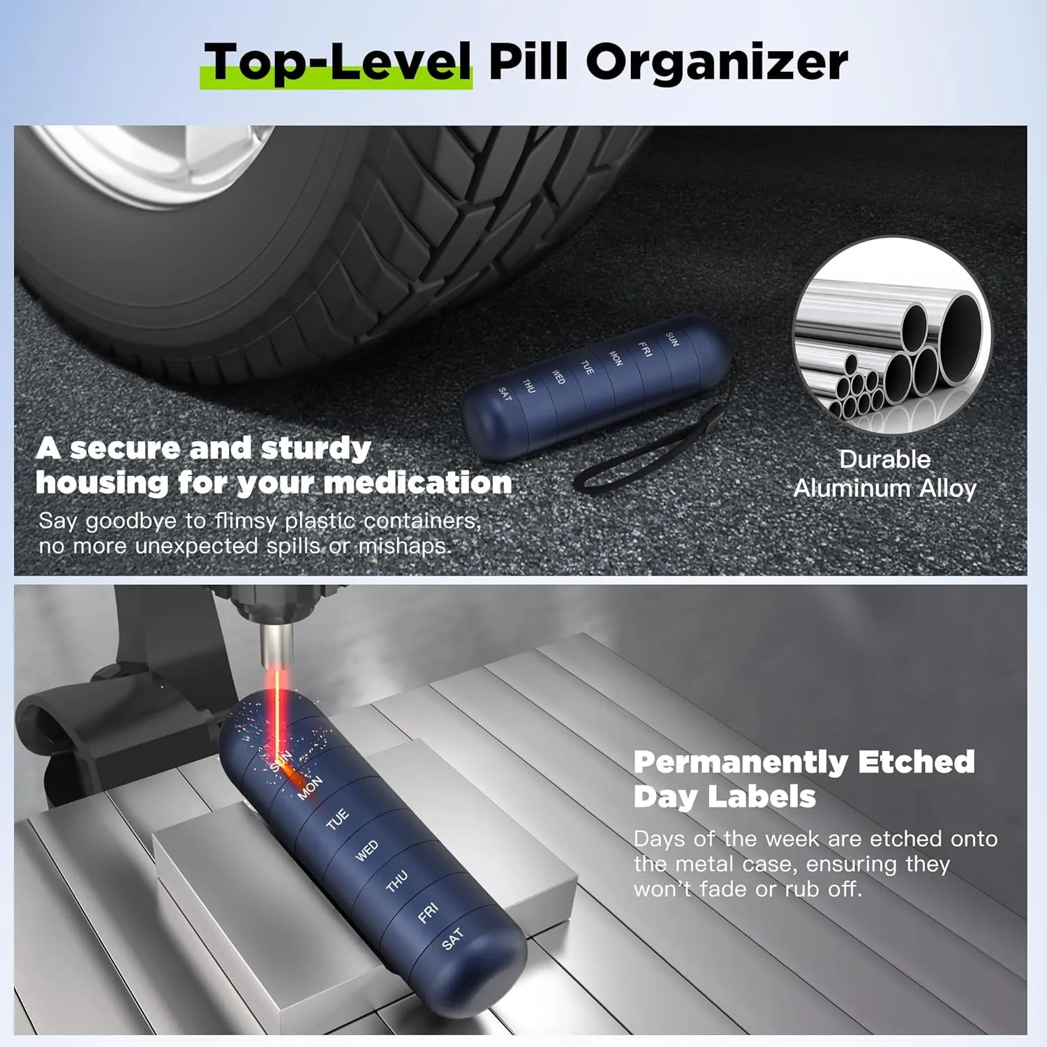 [2 Pack] Zannaki Metal Travel Pill Organizer, Portable Waterproof Weekly Pill Box, Large Aluminum Alloy Pill Case Container, BPA Free 7 Day Daily Medicine Organizer Holder for Vitamin, Supplement