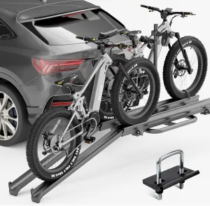200 LBS Capacity 2 EBike Rack with Ramp, up to 5" Fat Tire Carrier, Lockable & Foldable Electric Bicycles Racks, Bike Racks Platform for Standard, Fits 2" Hitch for SUVs Cars Trucks Vans
