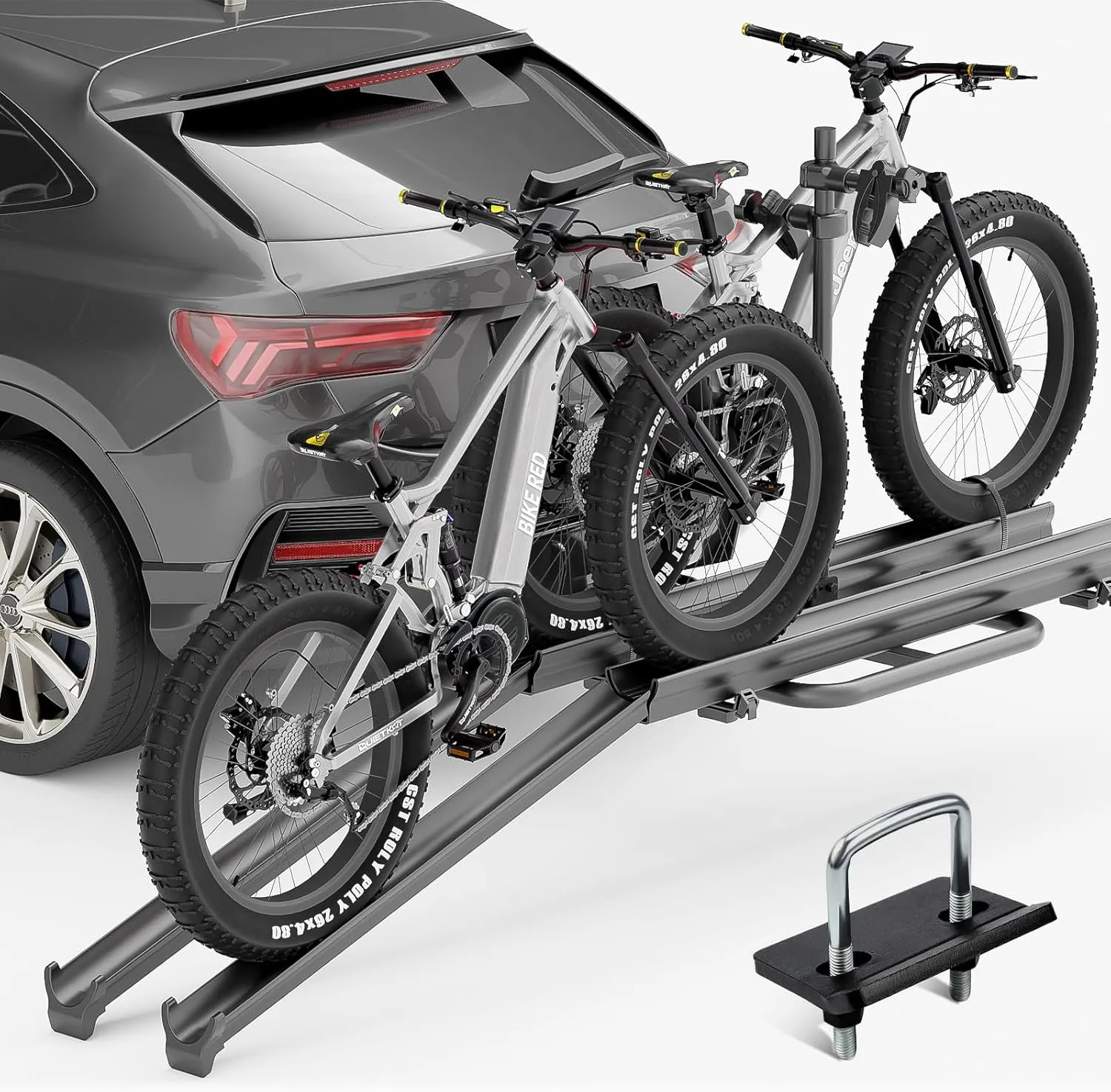 200 LBS Capacity 2 EBike Rack with Ramp, up to 5" Fat Tire Carrier, Lockable & Foldable Electric Bicycles Racks, Bike Racks Platform for Standard, Fits 2" Hitch for SUVs Cars Trucks Vans
