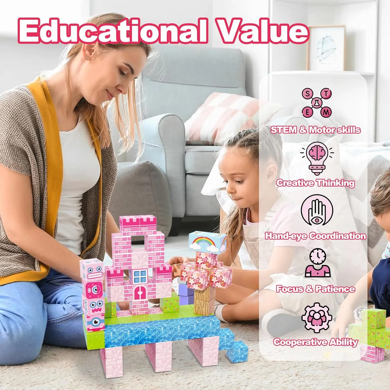 200 PCS Magnetic Building Blocks for Kids Ages 4-8, Princess Castle Garden Magnet STEM Sensory Toys-Magnetic Castle Princess, Christmas Birthday Gifts Toy for Girls & Boys 3  Ages