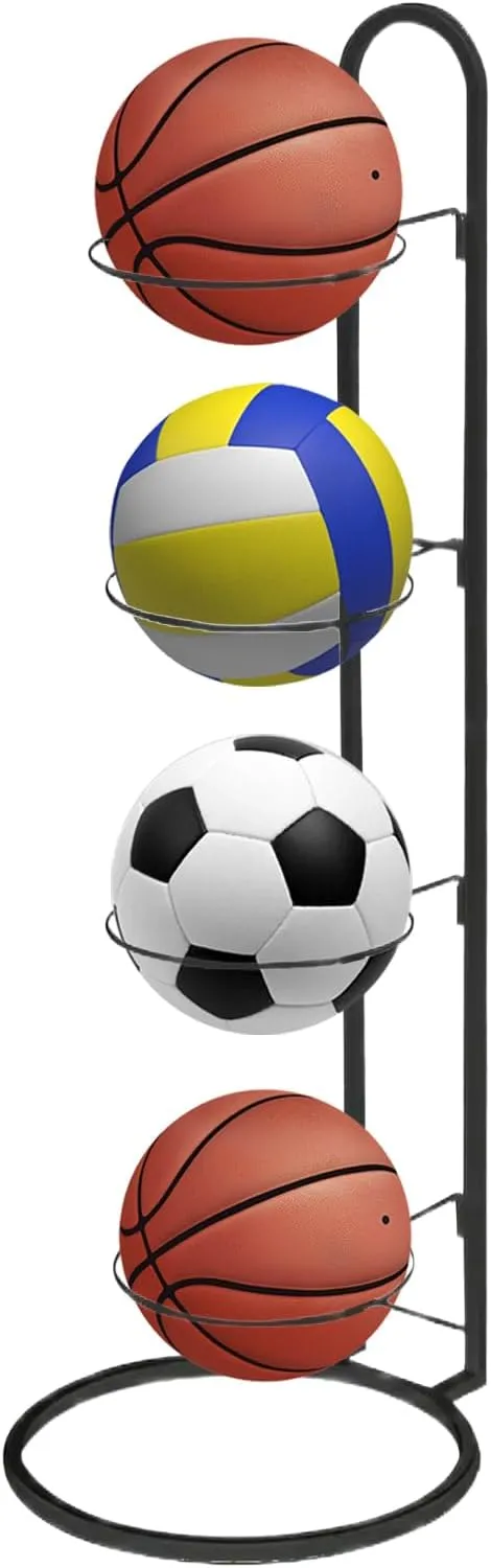 2024 New Ball Storage Rack，4 Tier Cube Ball Storage Holder，Basketball Football Holder Carbon Steel Heavy Duty Basketball Stand Painted Nail-Free Multi-Purpose Vertical Ball Rack