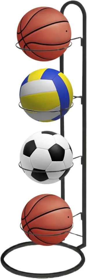 2024 New Ball Storage Rack，4 Tier Cube Ball Storage Holder，Basketball Football Holder Carbon Steel Heavy Duty Basketball Stand Painted Nail-Free Multi-Purpose Vertical Ball Rack