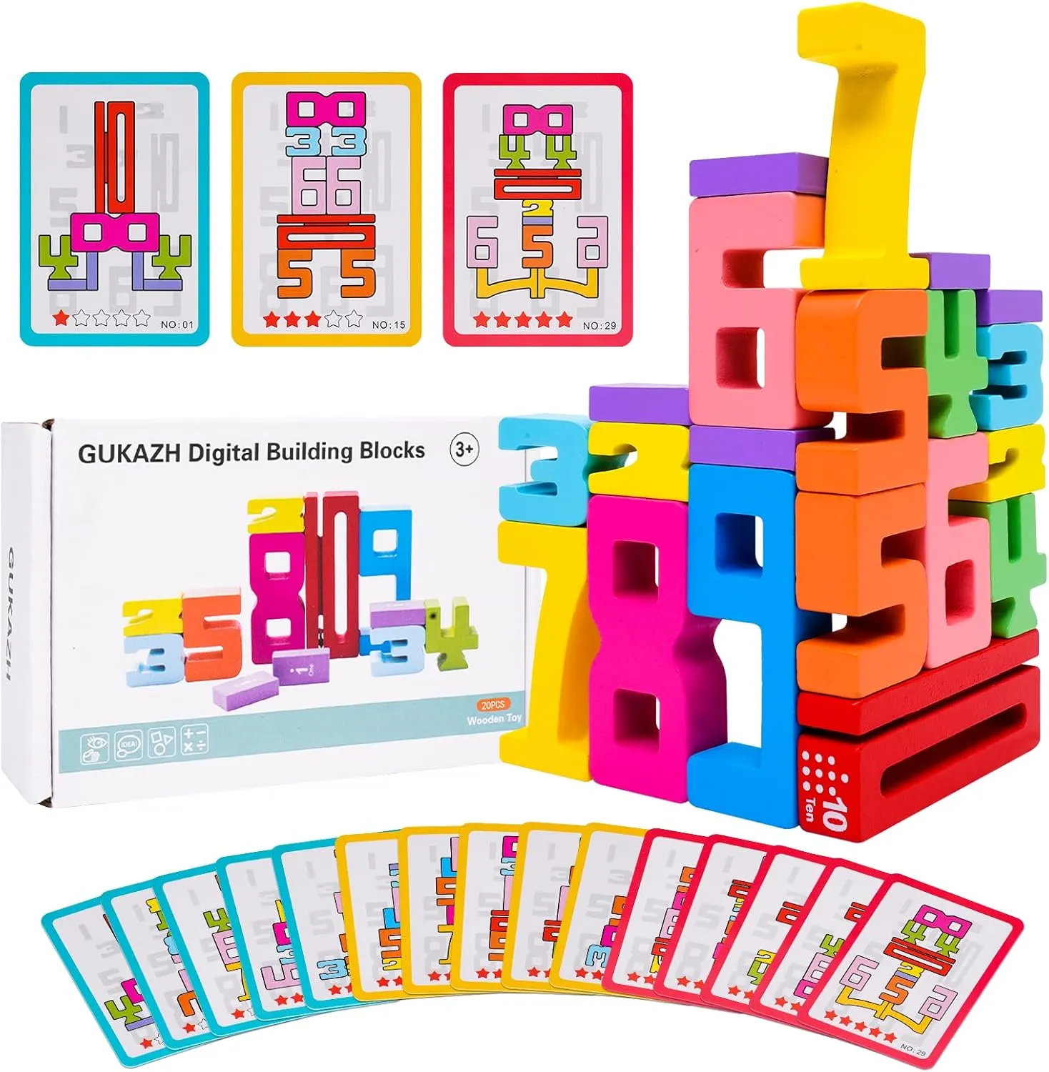 20PCS Wooden Number Building Blocks Stacking Toys for 3  Years Old Kids,Math Learning Games Digital Building Blocks 1-10,Balance Competition Toys,Birthday Party Favors for Boys Girls