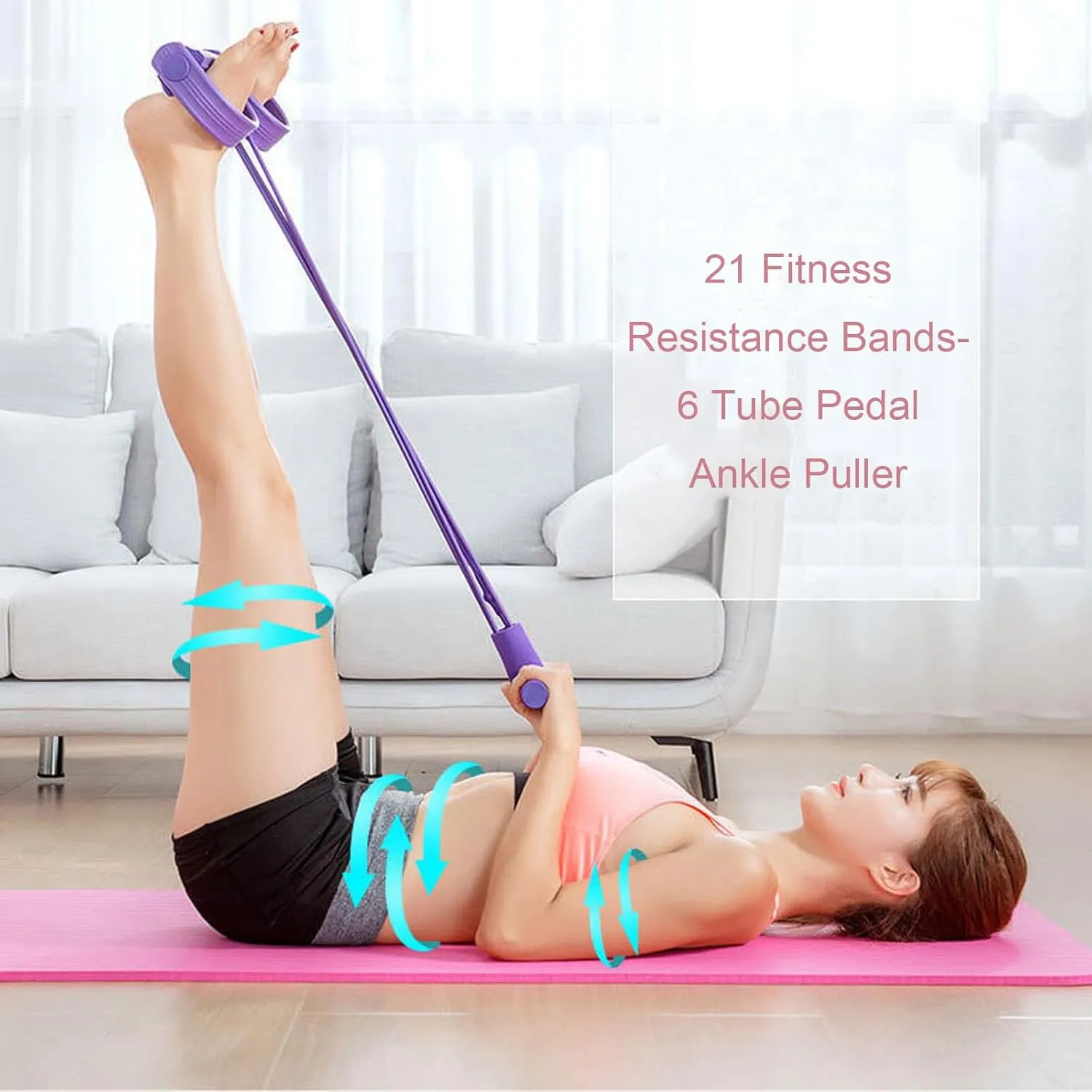 21 Fitness Resistance Bands-4 Tube Pedal Ankle Puller, Pedal Resistance Band with Handle, Ab Training Auxiliary Device, for Abdomen/Waist/Arm/Leg Stretching Slimming Training