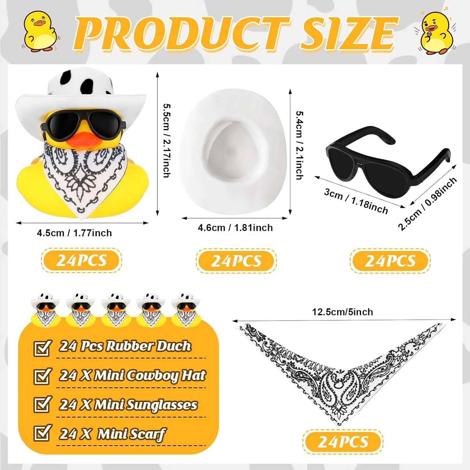 24 Set Cowboy Rubber Duck Mini Yellow Duckies Bath Party Toy Tiny Ducks Bathtub Toy with Cowboy Hat Paisley Bandanas Sunglasses for Summer Baby Shower Birthday Swimming Party Favor