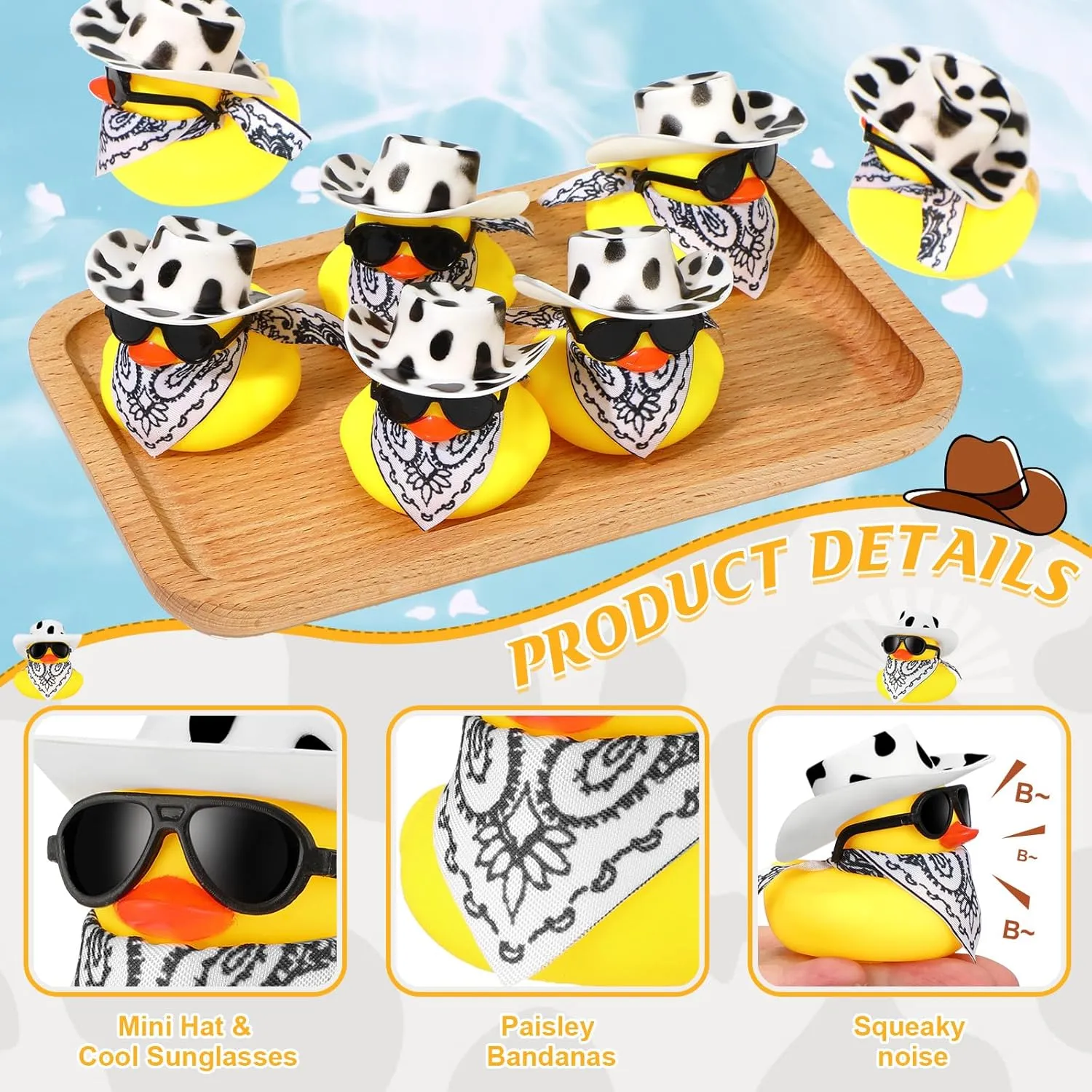 24 Set Cowboy Rubber Duck Mini Yellow Duckies Bath Party Toy Tiny Ducks Bathtub Toy with Cowboy Hat Paisley Bandanas Sunglasses for Summer Baby Shower Birthday Swimming Party Favor