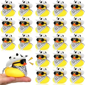 24 Set Cowboy Rubber Duck Mini Yellow Duckies Bath Party Toy Tiny Ducks Bathtub Toy with Cowboy Hat Paisley Bandanas Sunglasses for Summer Baby Shower Birthday Swimming Party Favor