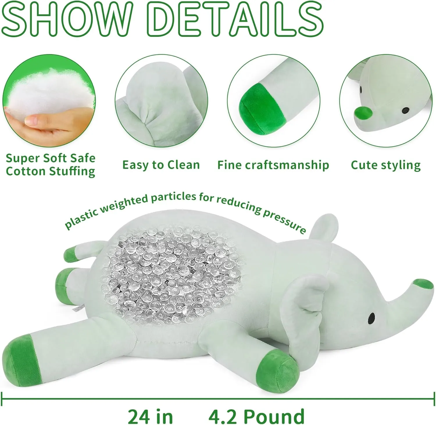 24" | 4.2 Pounds Green Elephant Weighted Stuffed Animals - Cute Weighted Plush Toy Comfort Weighted Plush Pillow Gifts for Kids & Adults (24" | 4.2 lbs, Green Elephant)